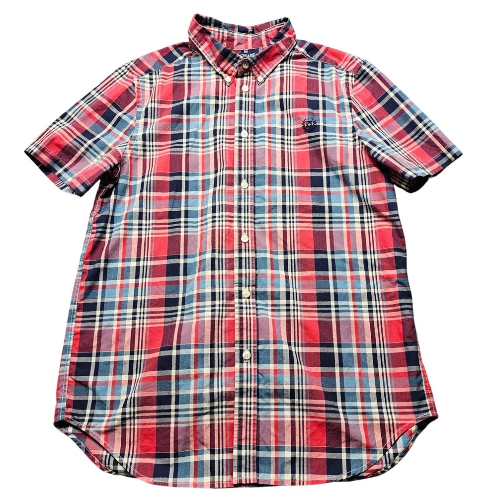Chaps Boys XL 18-20 Short Sleeve Plaid Button Down Shirt Red Navy Blue Preppy